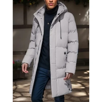 2023 Warm Hooded Mid Length Jacket Mens Casual Zip Up Cotton Padded Jacket Overcoat Autumn Winter