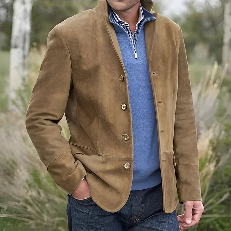 2024 Winter Men S Casual Luxury Jacket Vintage Long Sleeve Buttons Turn Down Collar Solid Color 1