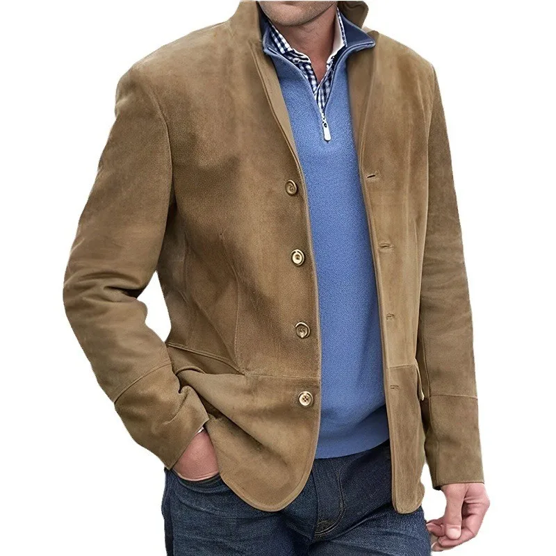 2024 Winter Men S Casual Luxury Jacket Vintage Long Sleeve Buttons Turn Down Collar Solid Color