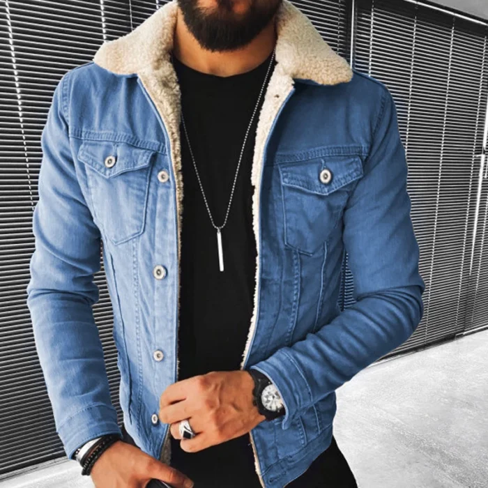 Denim Jacket Thickened Men Imitation Lamb Wool Solid Color Autumn Winter Warm Jacket Loose Comfortable Fashionable 1