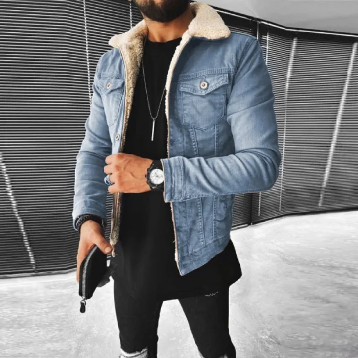 Denim Jacket Thickened Men Imitation Lamb Wool Solid Color Autumn Winter Warm Jacket Loose Comfortable Fashionable 4