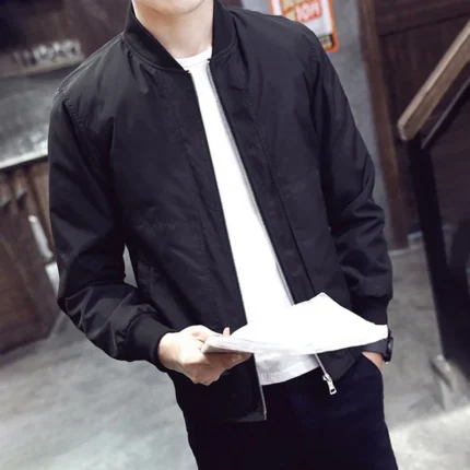 Fashion Zip Jacket Tops Slim Fit Solid Black Stand Collar Long Sleeve Casual Pilot Baseball Jackets 1