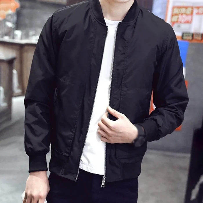 Fashion Zip Jacket Tops Slim Fit Solid Black Stand Collar Long Sleeve Casual Pilot Baseball Jackets 2