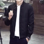 Fashion Zip Jacket Tops Slim Fit Solid Black Stand Collar Long Sleeve Casual Pilot Baseball Jackets 3