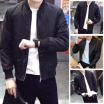 Fashion Zip Jacket Tops Slim Fit Solid Black Stand Collar Long Sleeve Casual Pilot Baseball Jackets 5