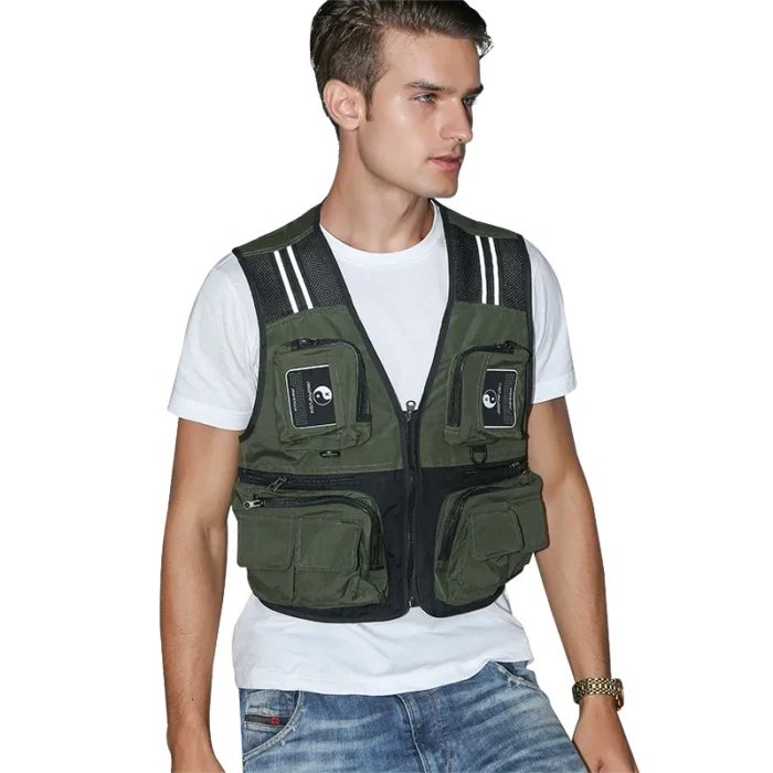 Fonoun Fishing Vest Detachable Multiple Pockets Breathable Grid Mesh Comfortable Wear Resisting With Reflective Stripe Ff63 4