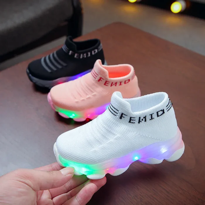 Kids Sneakers Children Baby Girls Boys Letter Mesh Led Luminous Socks Sport Run Sneakers Shoes Sapato 1