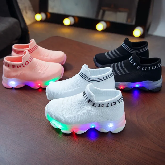 Kids Sneakers Children Baby Girls Boys Letter Mesh Led Luminous Socks Sport Run Sneakers Shoes Sapato