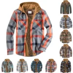 Men Quilted Lined Button Down Plaid Shirt Add Velvet To Keep Warm Jackets With Hood 1