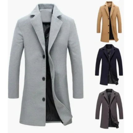 Men S Woolen Coat Jacket Long Cotton Casual Windbreaker Single Breasted Lapel Overcoat Plus Size Fashion