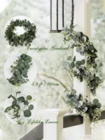 1pc Artificial Eucalyptus Leaves Greenery Garland Faux Plant Spring Vines With White Flowers Berries For Wedding 3