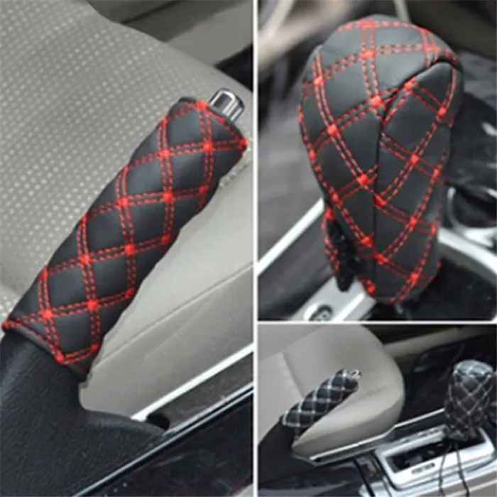 2pcs Set Faux Leather Hand Brake Shift Knob Cover Gear Case Car Interior Decor Shift Knob.webp