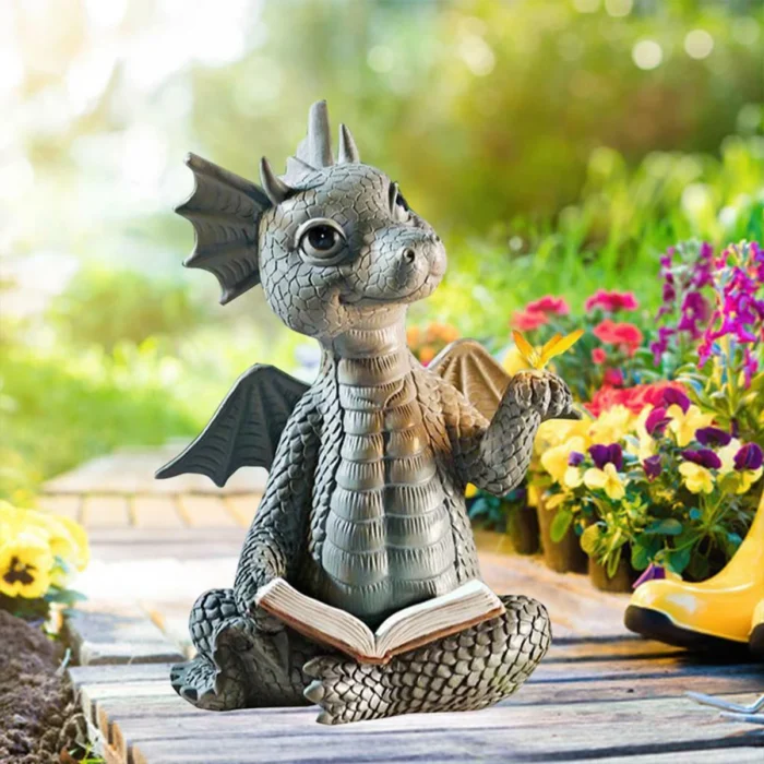 Dragon Dinosaur Meditation Reading Book Sculpture Figure Garden Home Decoration Resin Ornament Outdoor Garden Crafts Decoration 1.webp