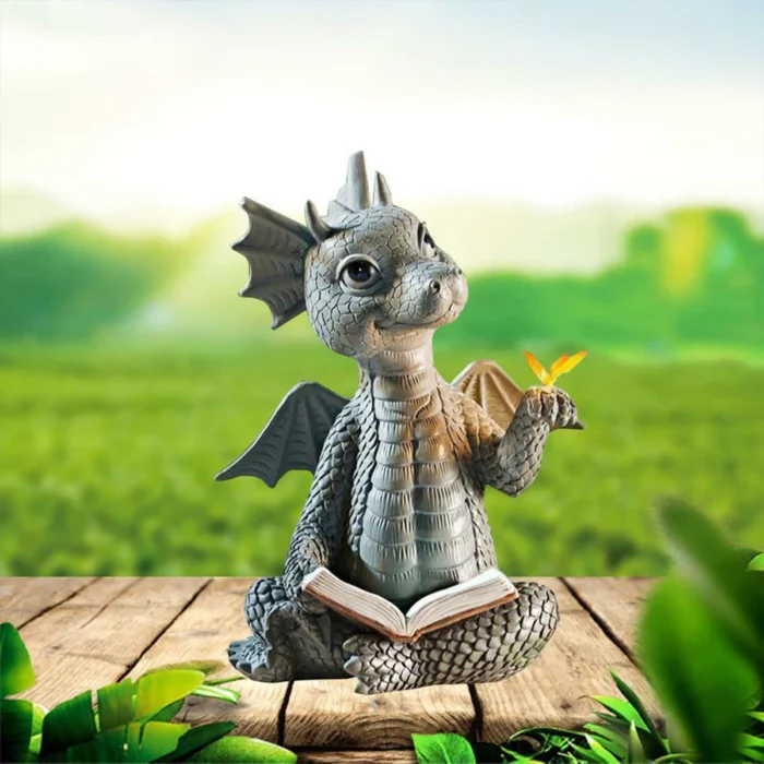 Dragon Dinosaur Meditation Reading Book Sculpture Figure Garden Home Decoration Resin Ornament Outdoor Garden Crafts Decoration 2.webp