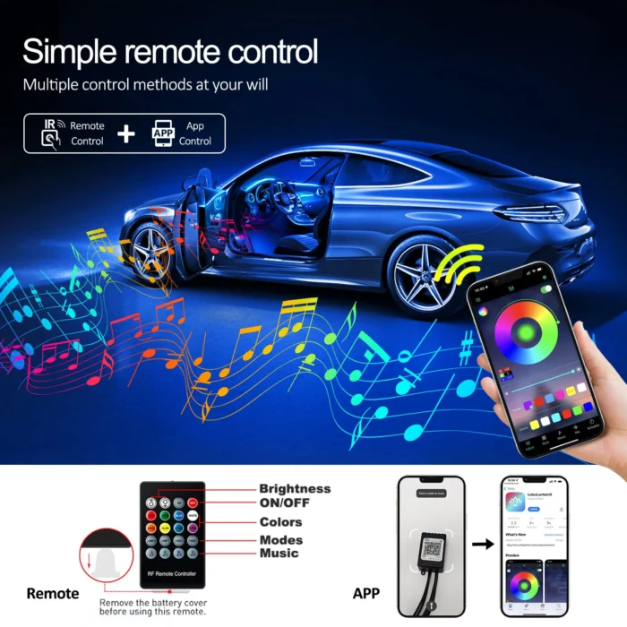 Led Car Interior Ambient Strip Lights Rgb Fiber Optic Atmosphere Neon Lighting Kit W App Remote 4.webp