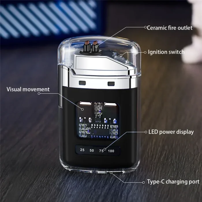 New Electronic Pulse Lighter Transparent Body Power Display Dual Arc Type C Rechargeable Windproof Plasma Lighter 1.webp