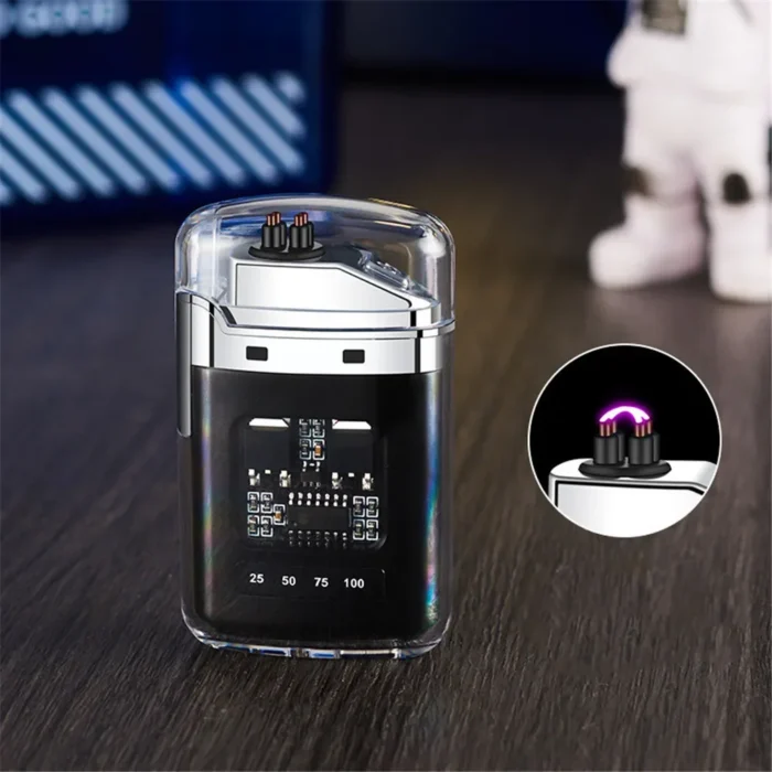 New Electronic Pulse Lighter Transparent Body Power Display Dual Arc Type C Rechargeable Windproof Plasma Lighter 3.webp