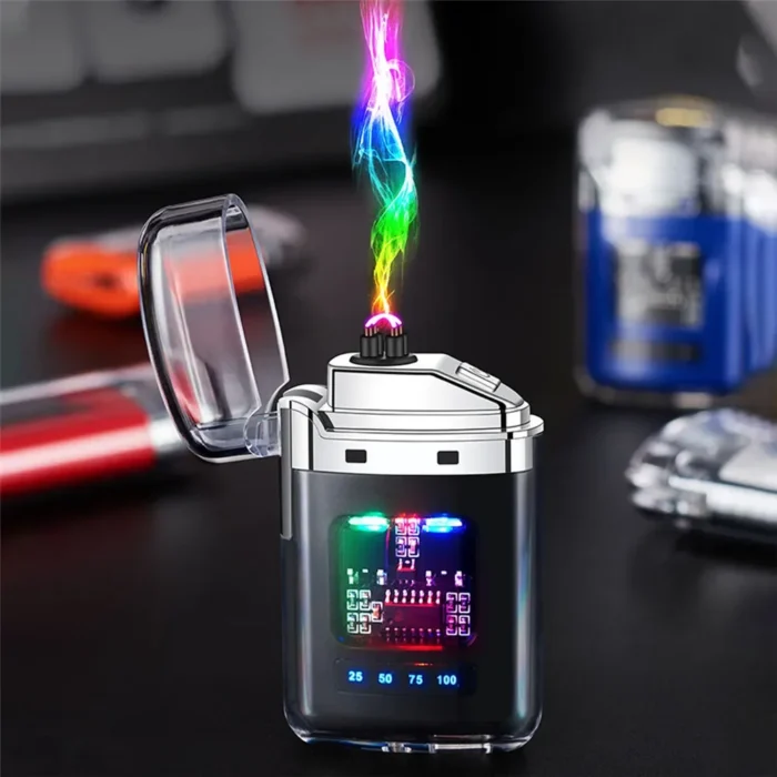 New Electronic Pulse Lighter Transparent Body Power Display Dual Arc Type C Rechargeable Windproof Plasma Lighter.webp