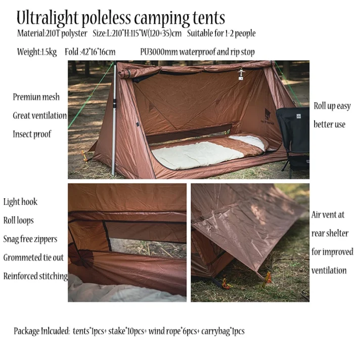 Poleless Camping Tents Light Weight Backpacking Hiking Bushcraft Shelter Outdoor Canopy Waterproof Ripstop 1 2 Persons 4.webp