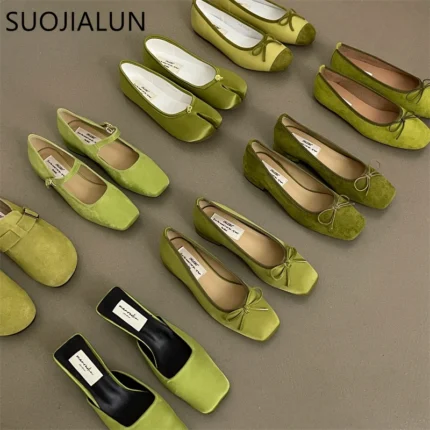 Suojialun Spring New Women Flat Shoes Fashion Green Ladies Casual Slip On Ballerinas Shoes Soft Flat