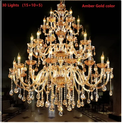 Large 18 24 30 Lights Modern Big Lustres 100 K9 Crystal Luxury Home Decoration Transparent Amber