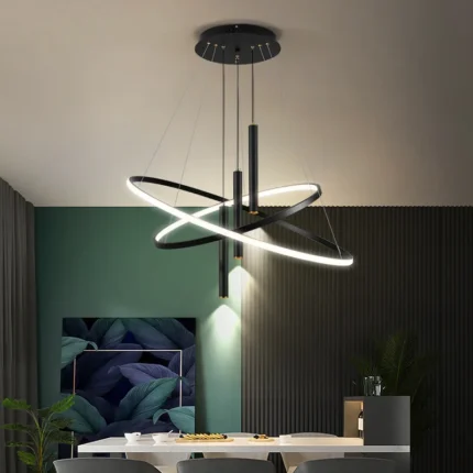 Light Luxury Iron Art Dining Table Chandelier Led 3 Color Dimming Nordic Circular Pendant Lights Hotel