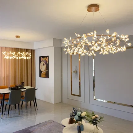 Living Room Chandelier Romantic Firefly Led Light Stylish Tree Branch Metal Round Dining Room Restaurant Ceiling 1