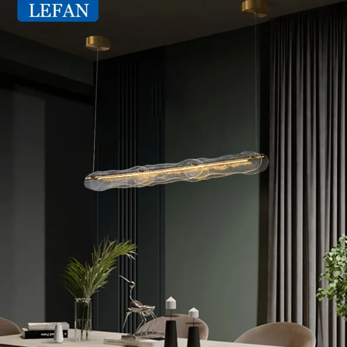 Modern Allcopper Chandelier Light Luxury Creative Long Strip Minimalist Bar Dining Room Counter Water Pattern Glass 3