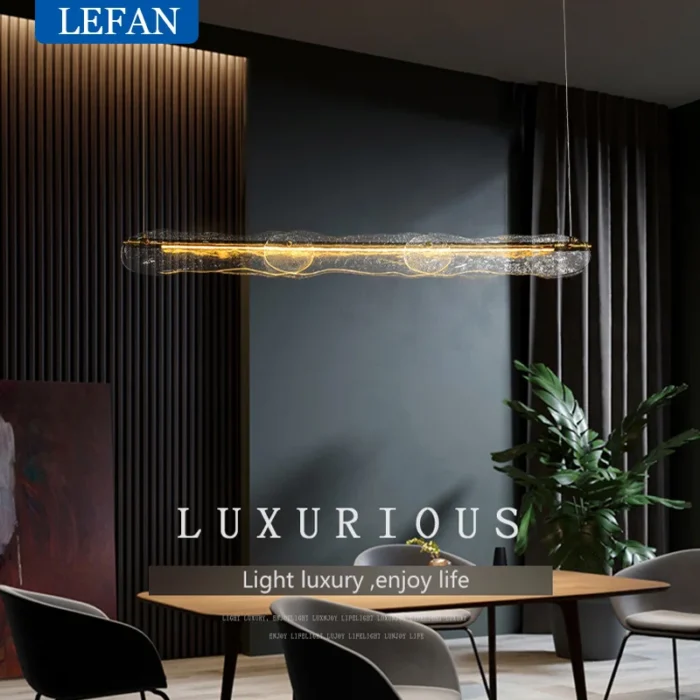 Modern Allcopper Chandelier Light Luxury Creative Long Strip Minimalist Bar Dining Room Counter Water Pattern Glass