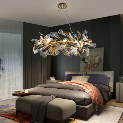 Nordic Suspended Crystal Chandelier Bedroom Living Room Dining Room Round Glass Ginkgo Leaf Luxury Art Crystal